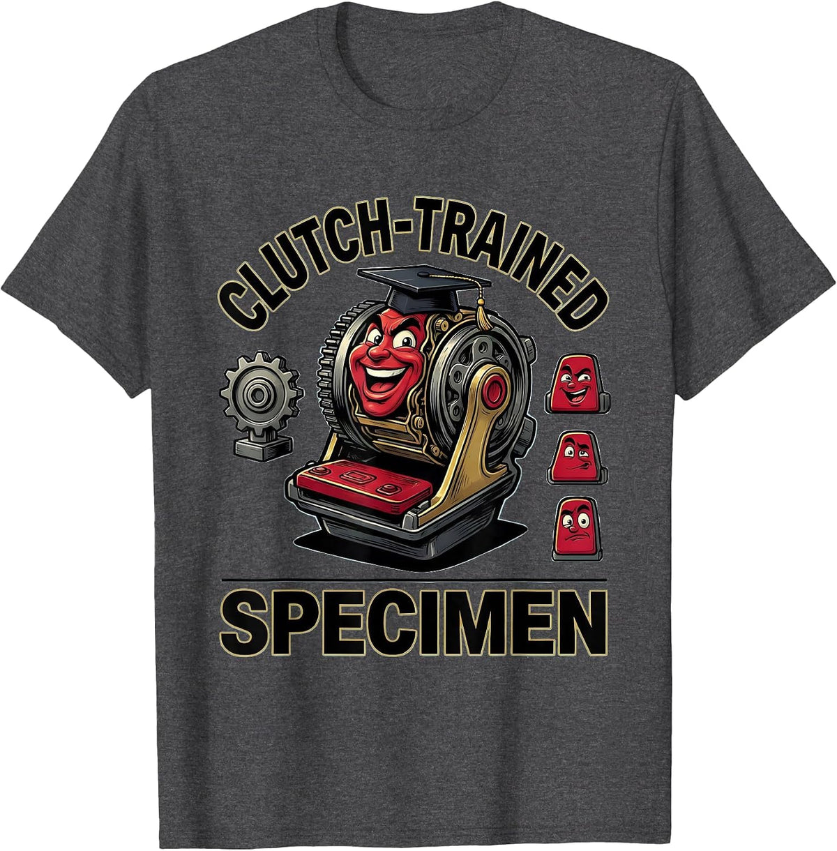 Men's Clutch-Trained Specimen Cartoon Manual Transmission Car Guy T-Shirt - Dark Heather Grey