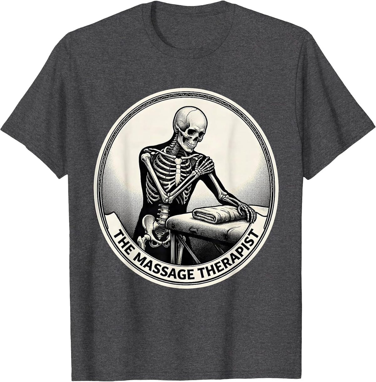 Men's The Massage Therapist Skeleton Tarot Card Halloween Humor T-Shirt - Dark Heather Grey