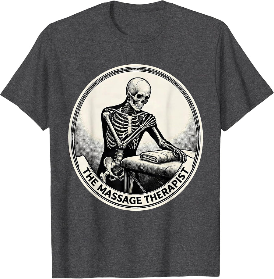Men's The Massage Therapist Skeleton Tarot Card Halloween Humor T-Shirt - Dark Heather Grey