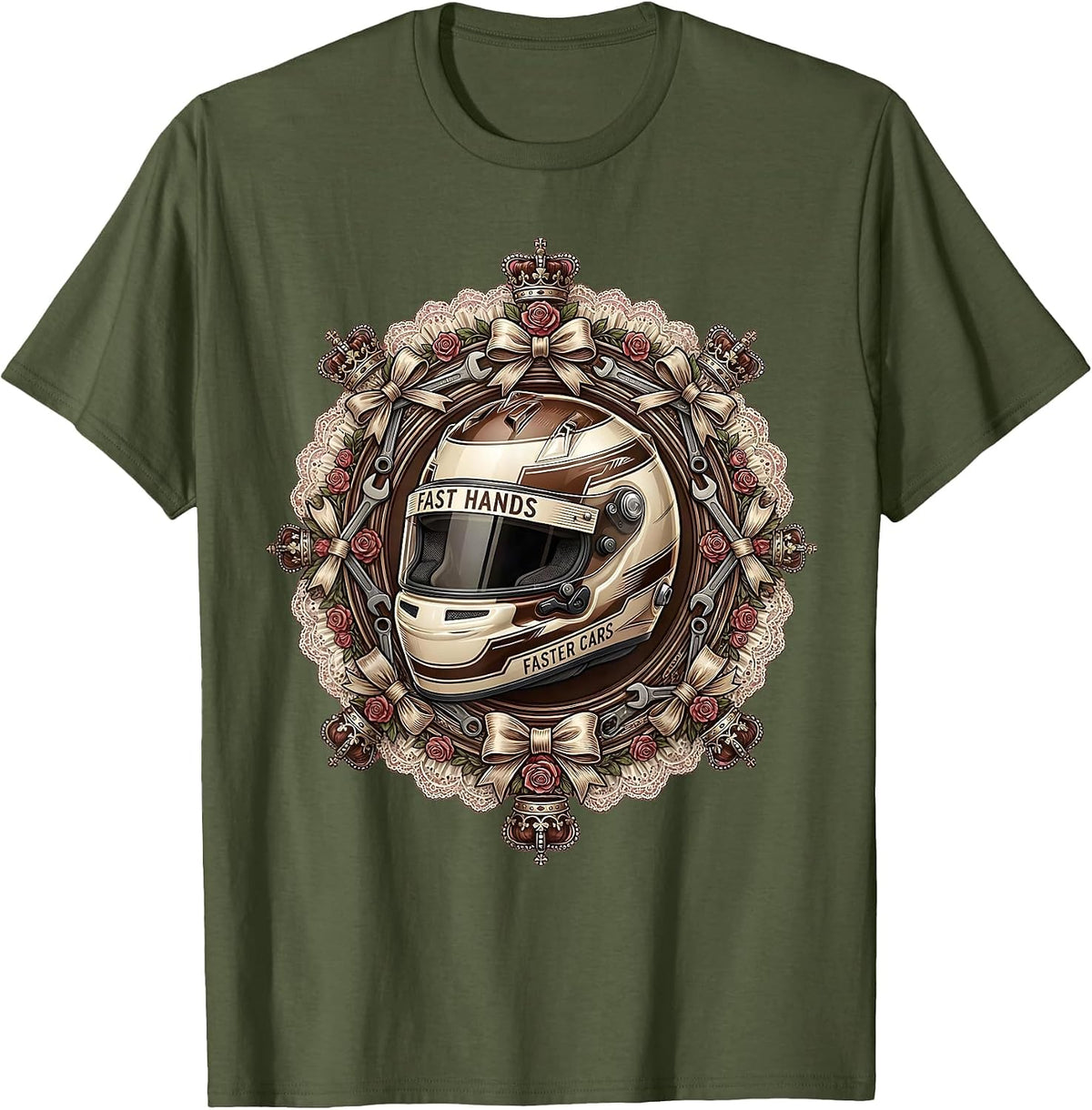 Fast Hands Faster Cars Pit Crew Racing Design T-Shirt - Olive Green