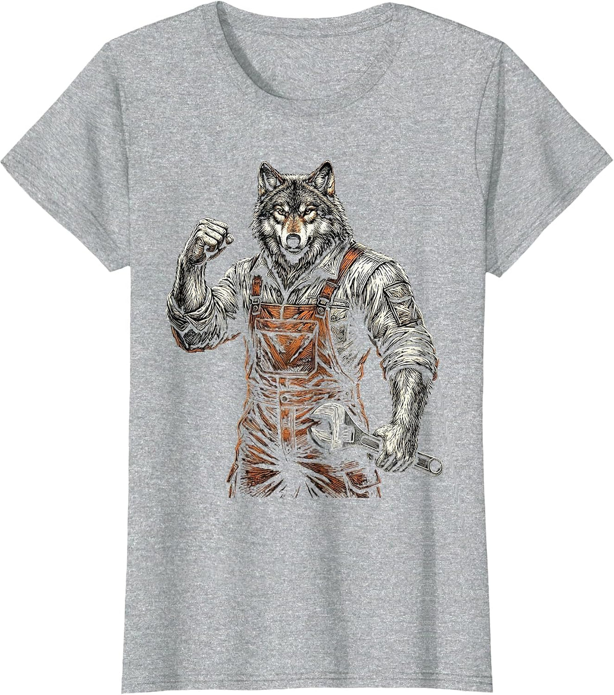 Wolf Mechanic in Coveralls Holding a Wrench T-Shirt - Heather Grey
