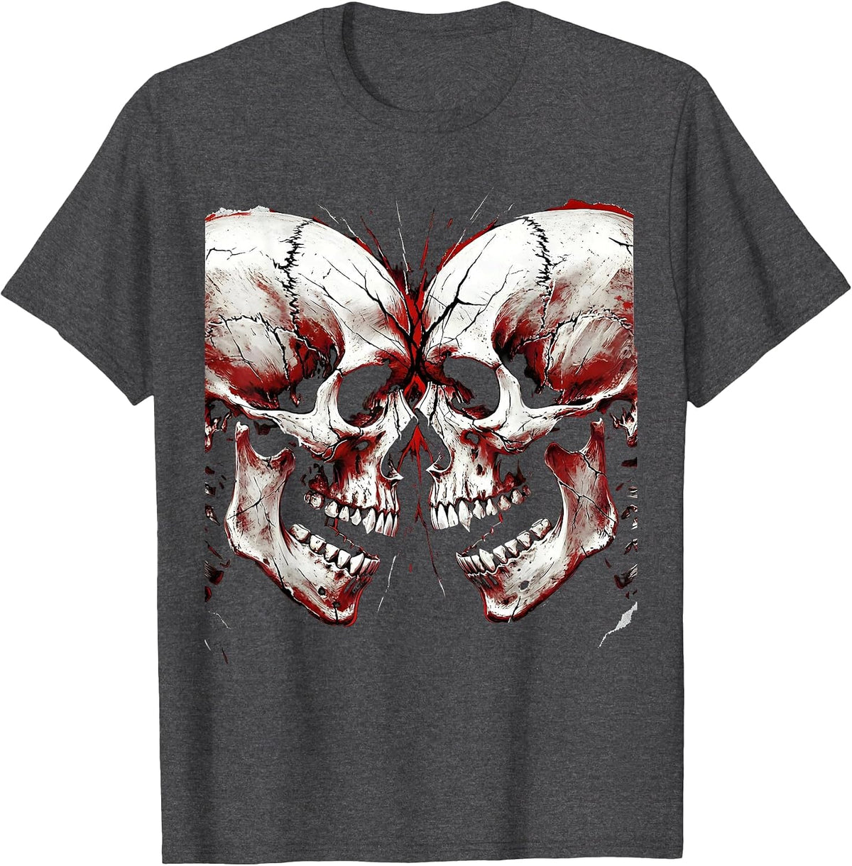 Dual Skulls Facing Foreheads Together Graphic T-Shirt - Dark Heather Grey