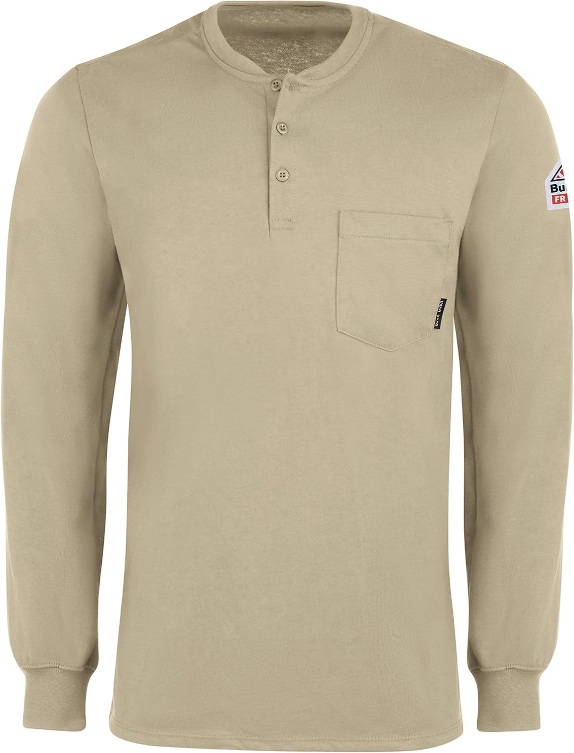 Bulwark FR Mens Flame Resistant 6.25 Oz Cotton Long Sleeve Tagless Henley Shirt - Khaki