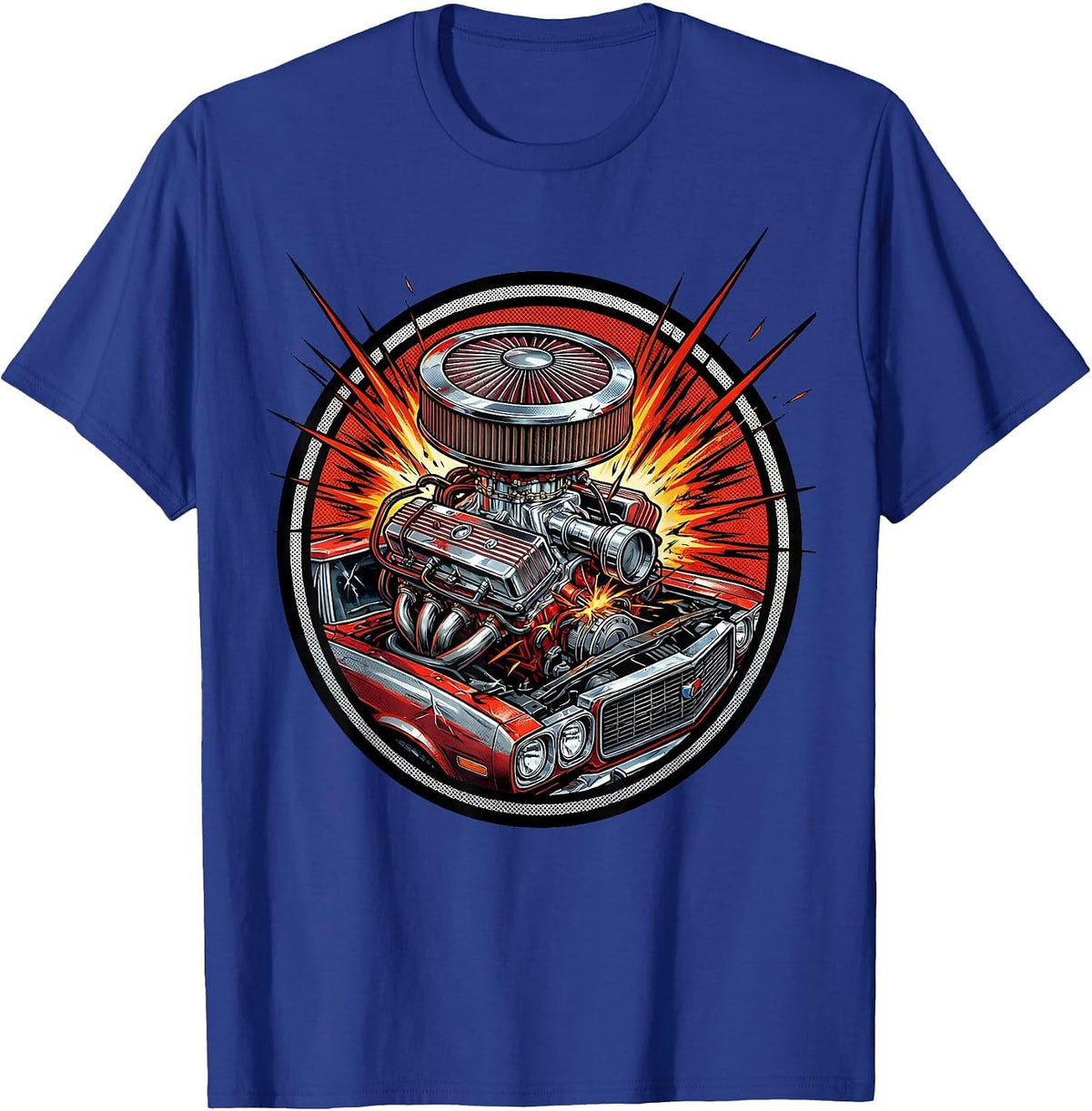 Gen X Muscle Car Engine Bursting Through Hood T-Shirt - Royal Blue