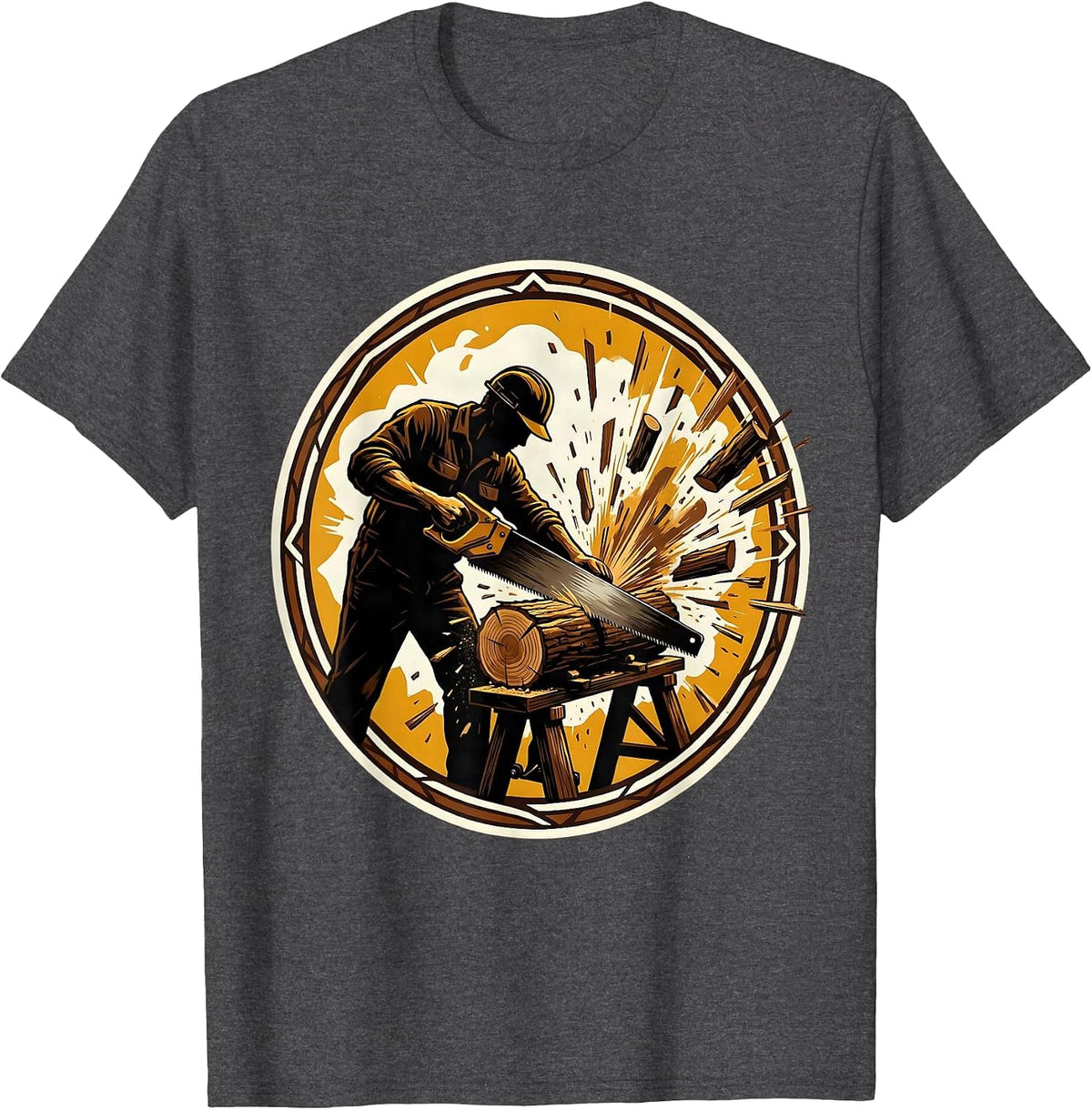 Labor Day Carpenter Sawing Wood Graphic Tee T-Shirt - Dark Heather Grey