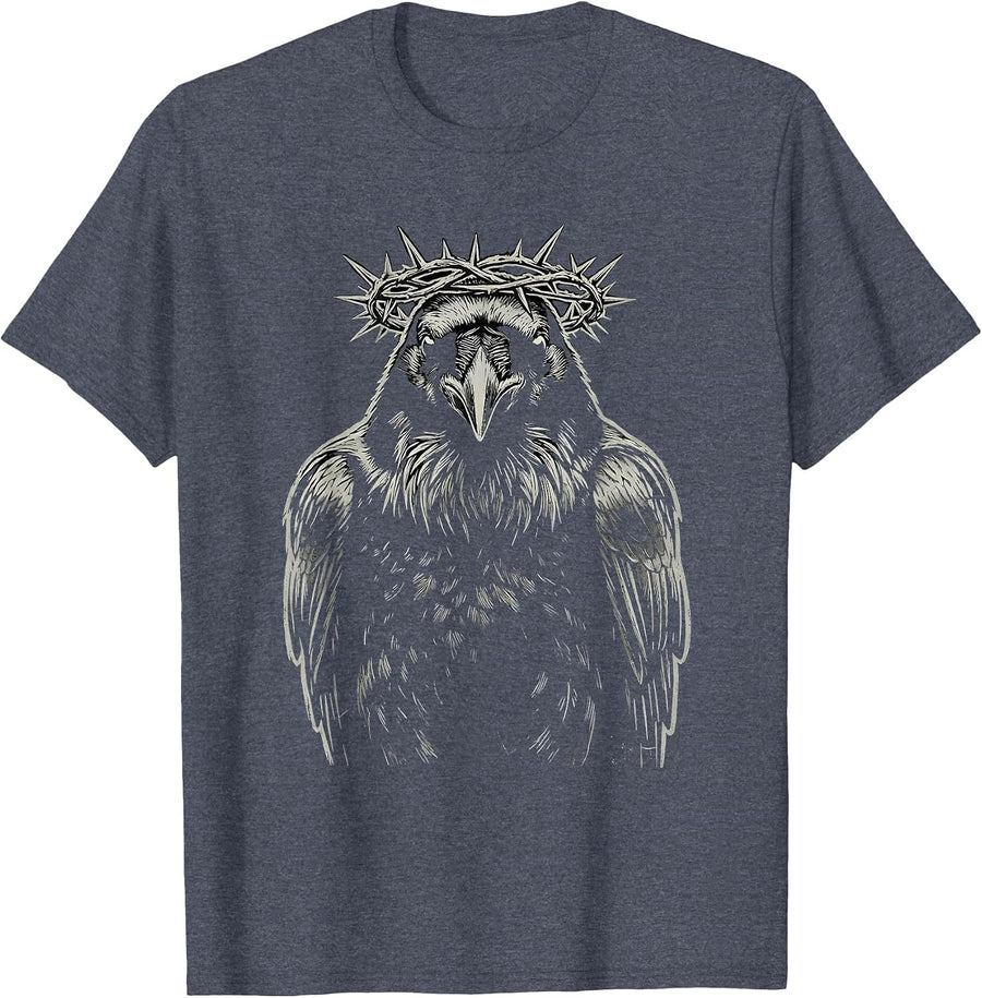Crow With Crown of Thorns Dark Art Graphic T-Shirt - Heather Blue