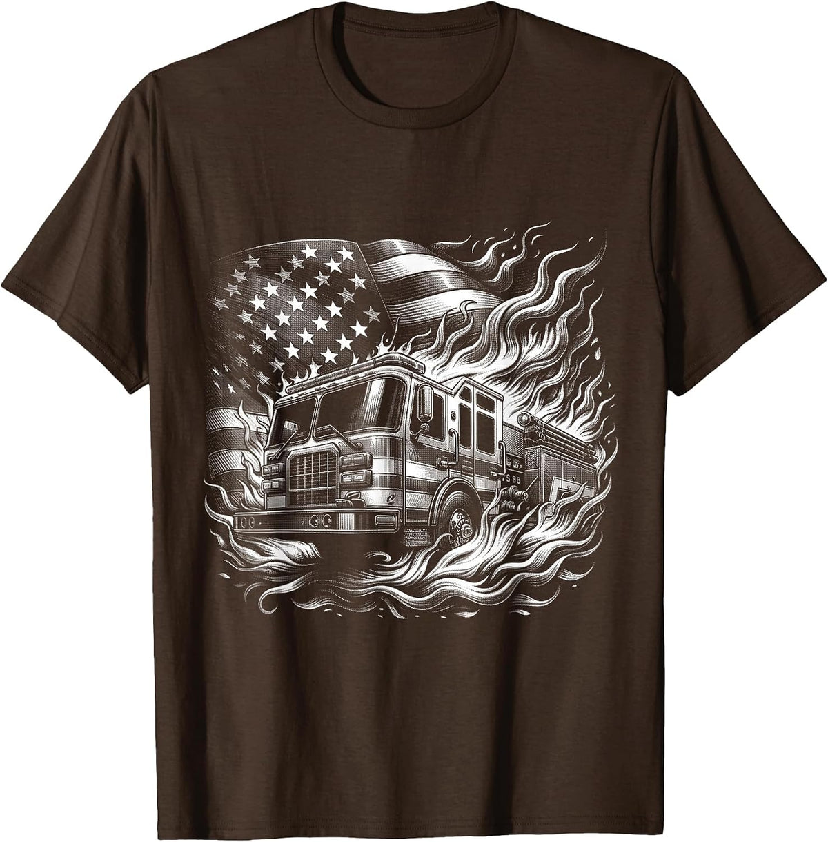 Firefighter Patriotic Fire Truck Fireman American Flag T-Shirt - Brown