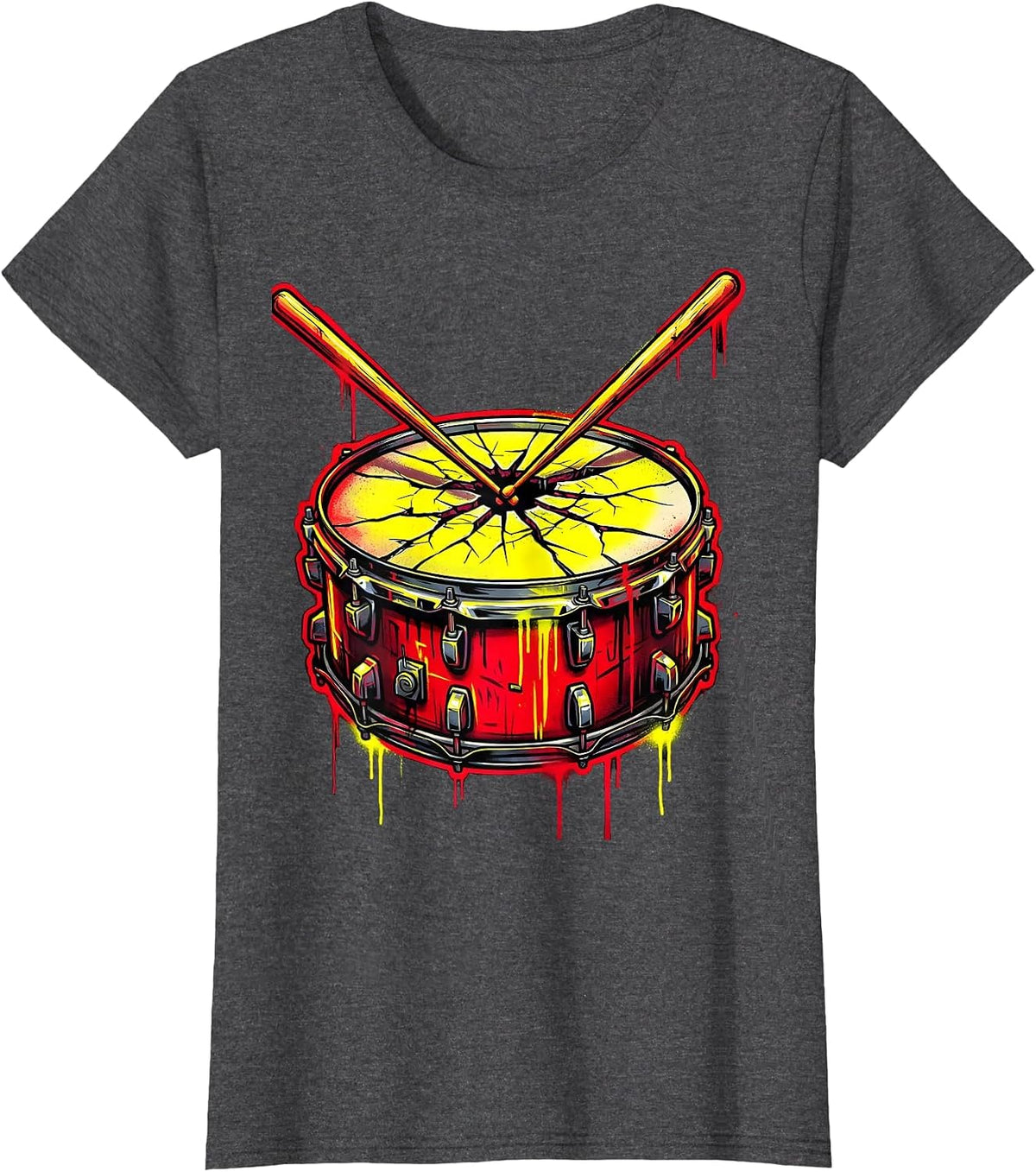 Women's Crossed Drumsticks Cracked Snare Drum Rock Graphic T-Shirt - Dark Heather Grey