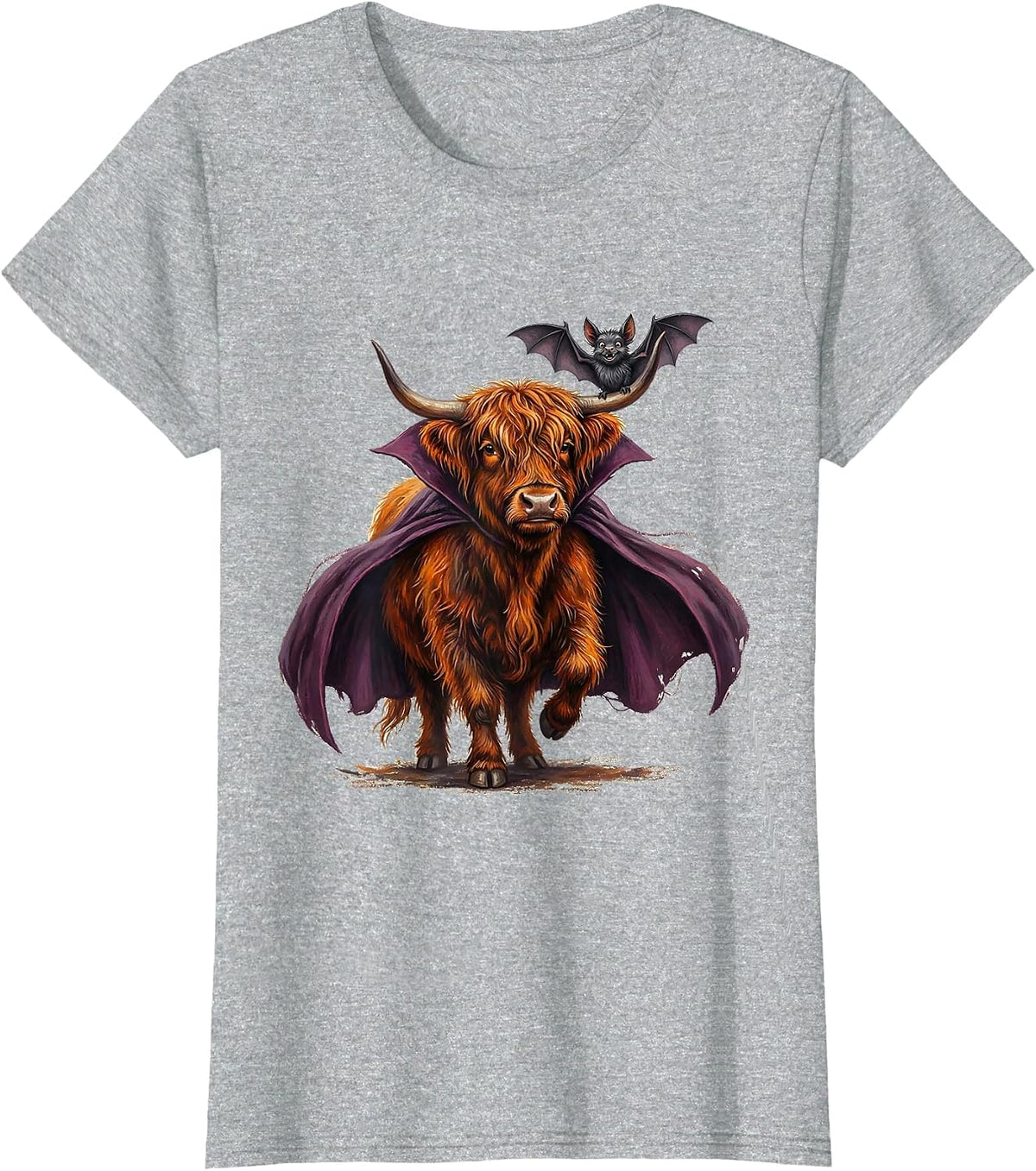 Shaggy Highland Cow Vampire Cape Funny Halloween T-Shirt - Heather Grey