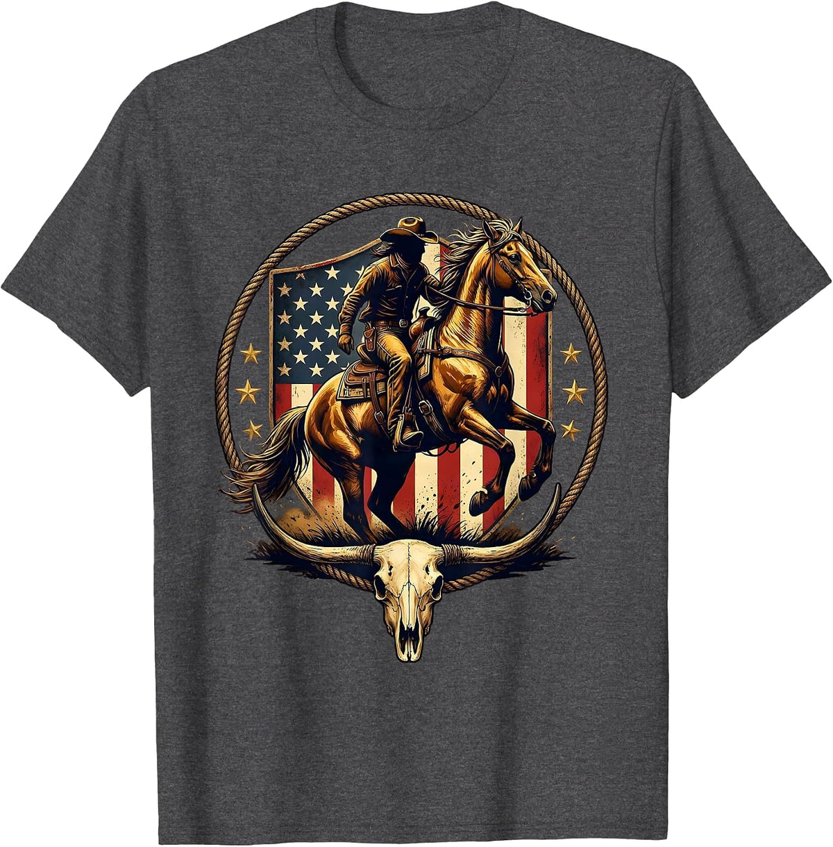 Cowboy Riding Horse at Sunset Western Design T-Shirt - Dark Heather Grey
