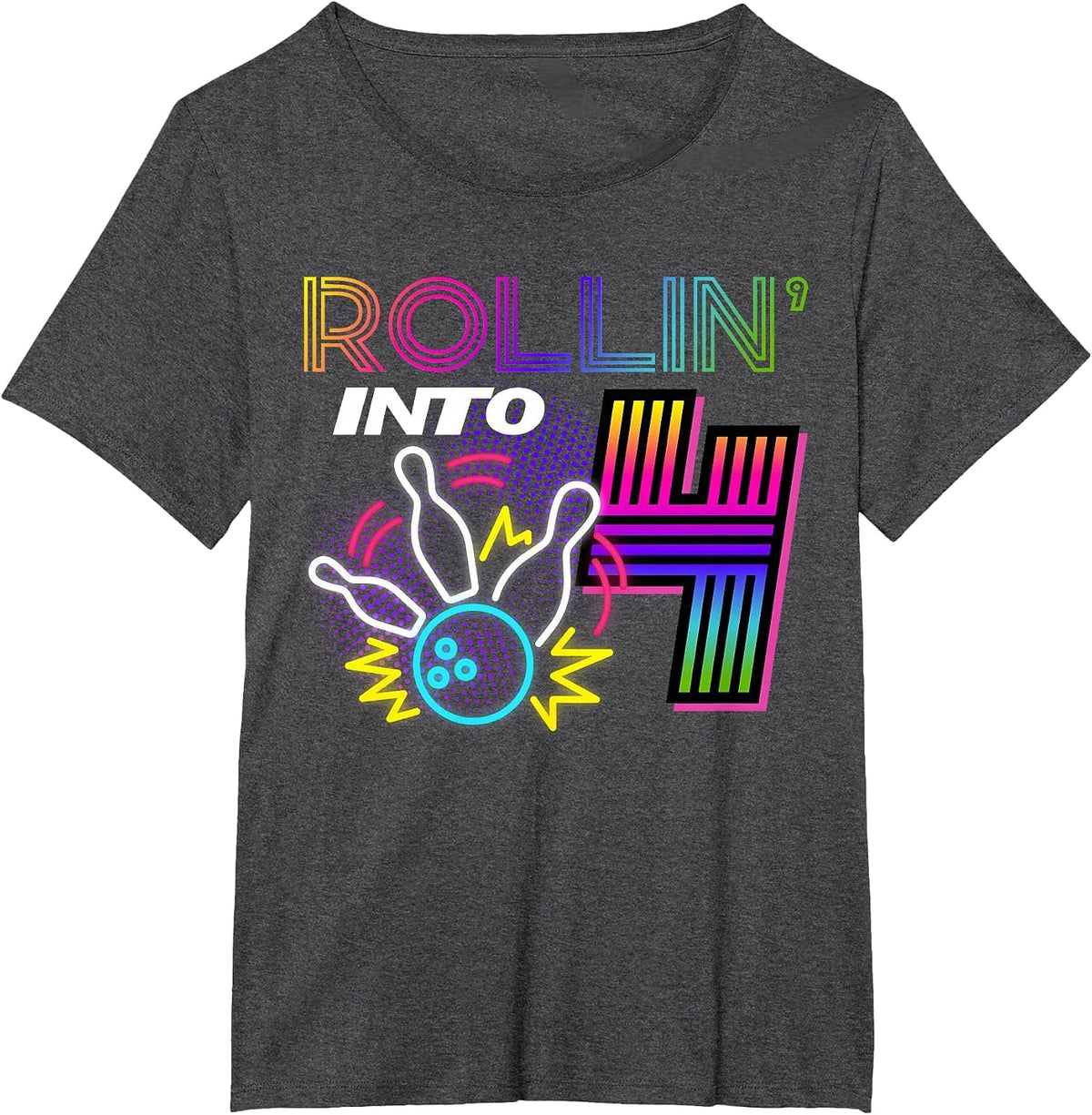 Rollin into 4 Year Old Birthday Bowling Party 4th Bday Retro T-Shirt - Dark Heather Grey