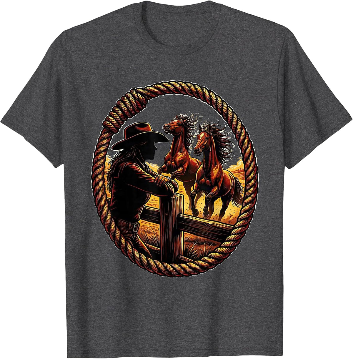 Men's Wild Horse Watcher Cowboy Fence Illustration T-Shirt - Dark Heather Grey