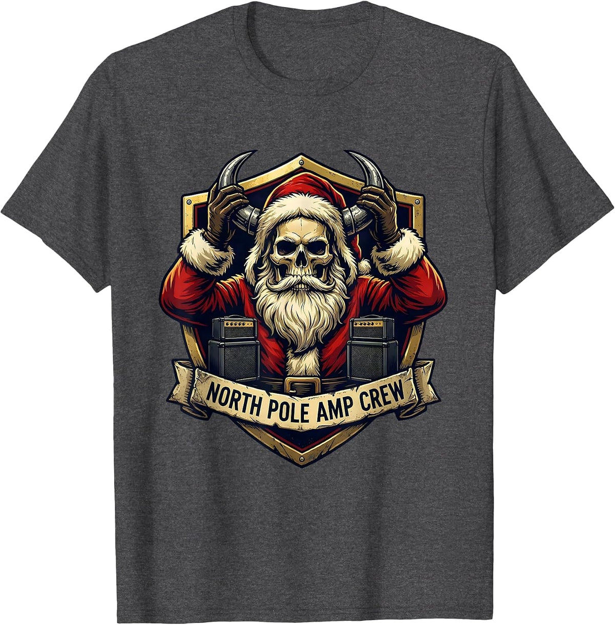 North Pole Amp Crew Emblem Funny Heavy Metal Christmas T-Shirt - Dark Heather Grey