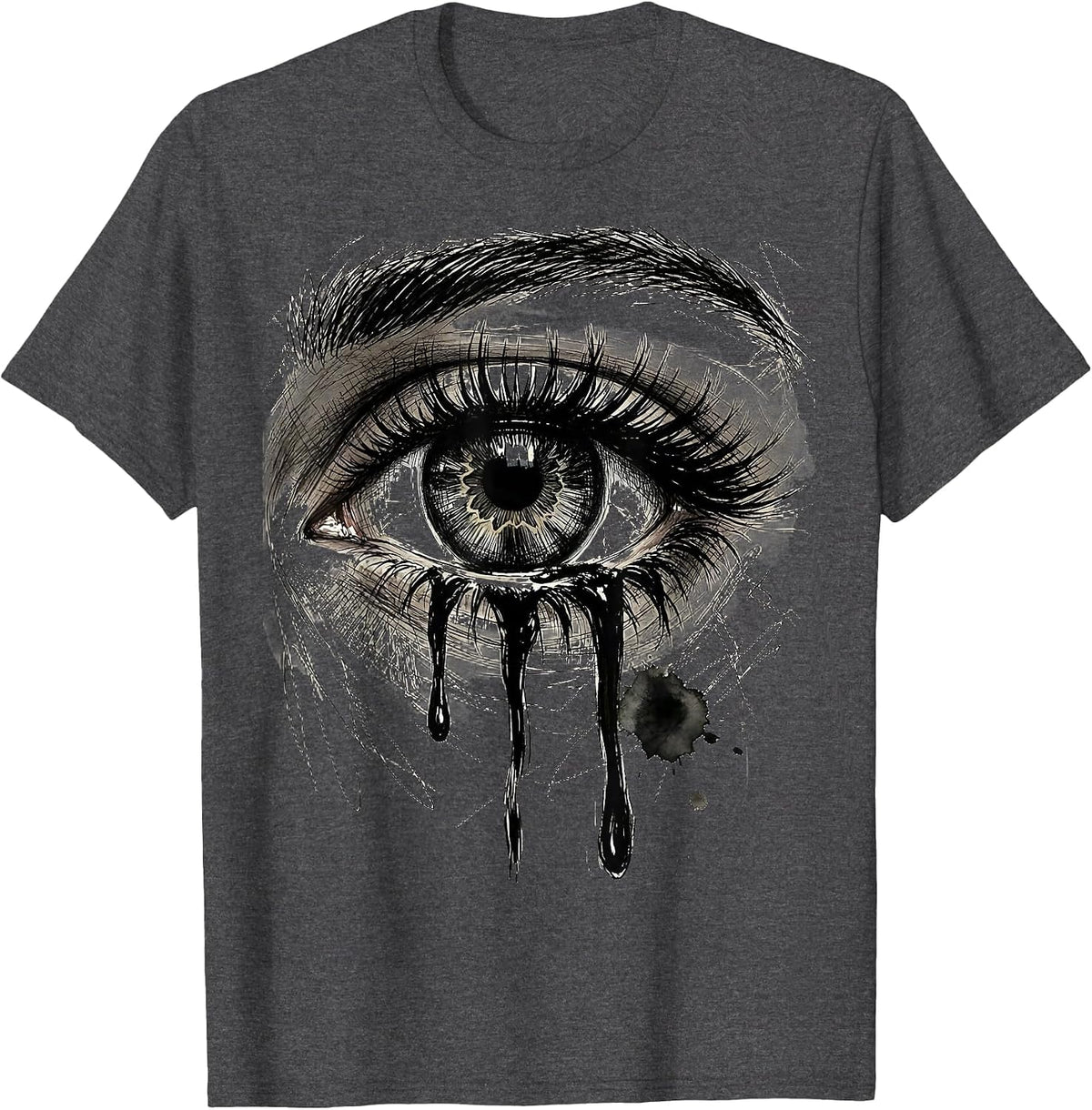 Crying Eye Dripping Mascara Emo Graphic Tee T-Shirt - Dark Heather Grey