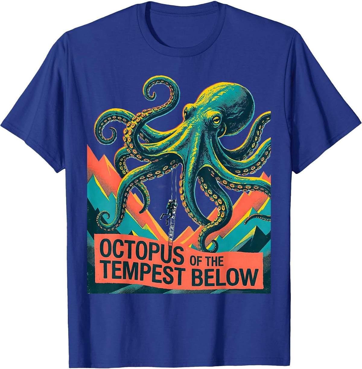 Men's Octopus of the Tempest Below Risograph Octopus Lover Ocean T-Shirt - Royal Blue