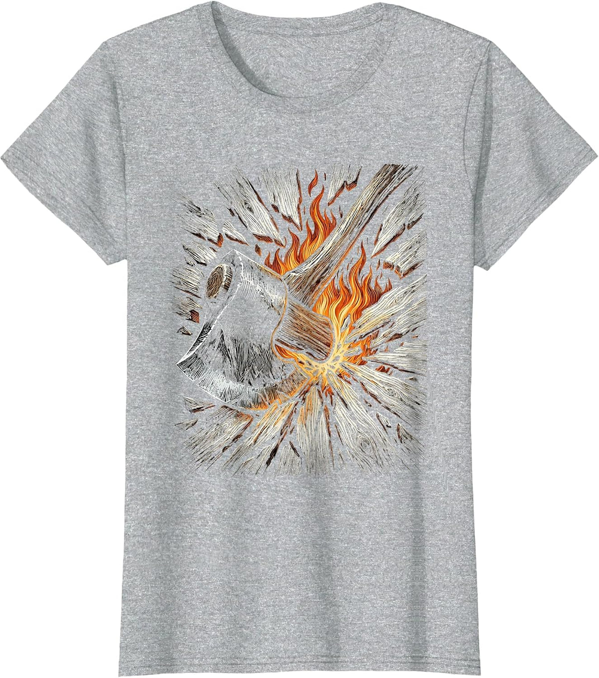 Women's Firefighter Axe Splitting Burning Door Graphic Tee T-Shirt - Heather Grey