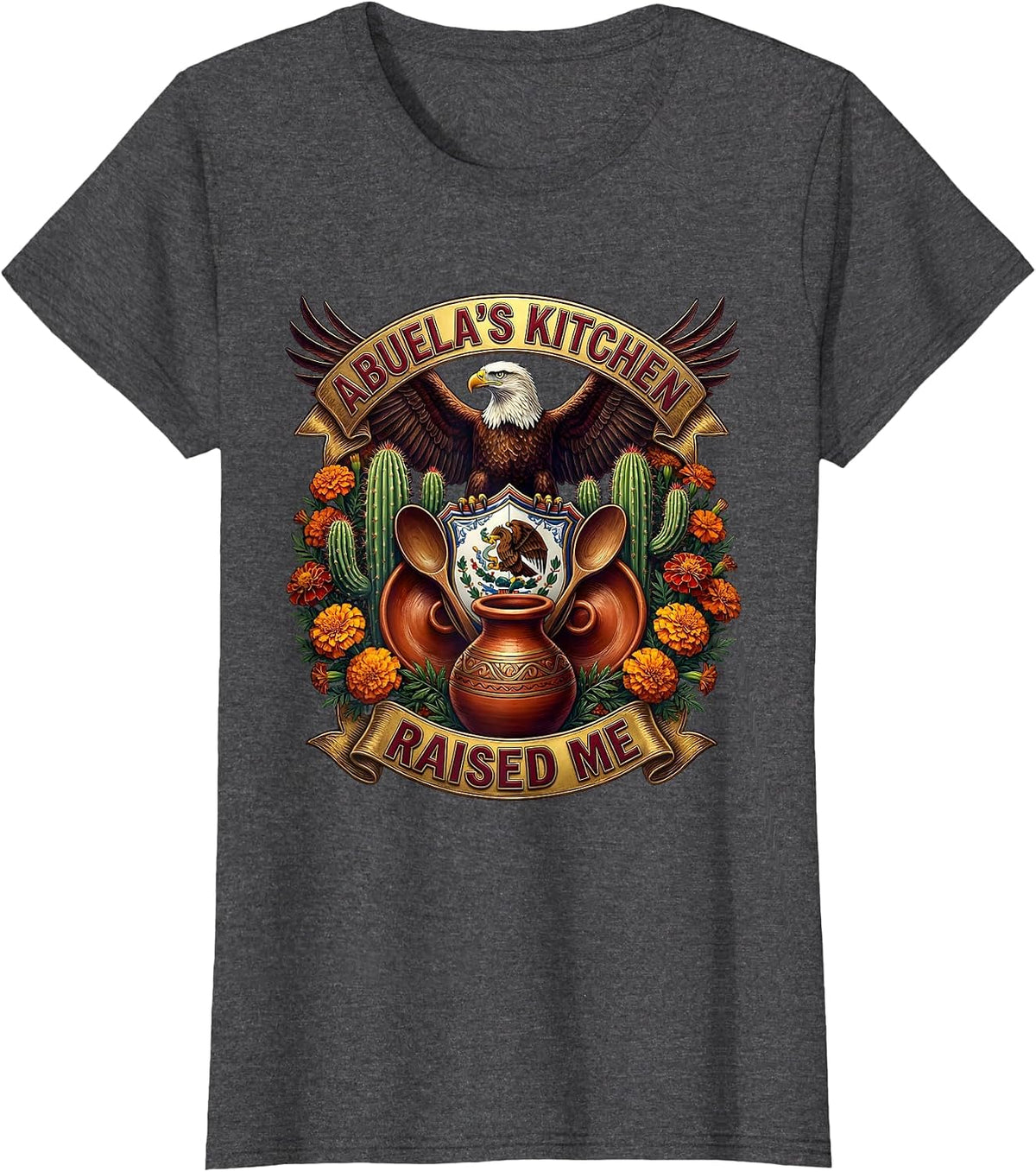 Women's Abuela's Kitchen Raised Me Mexican Heritage Design T-Shirt - Dark Heather Grey
