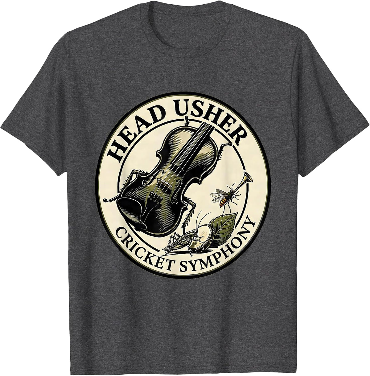 Men's Head Usher Cricket Symphony Vintage Insect Band Nature Lover T-Shirt - Dark Heather Grey