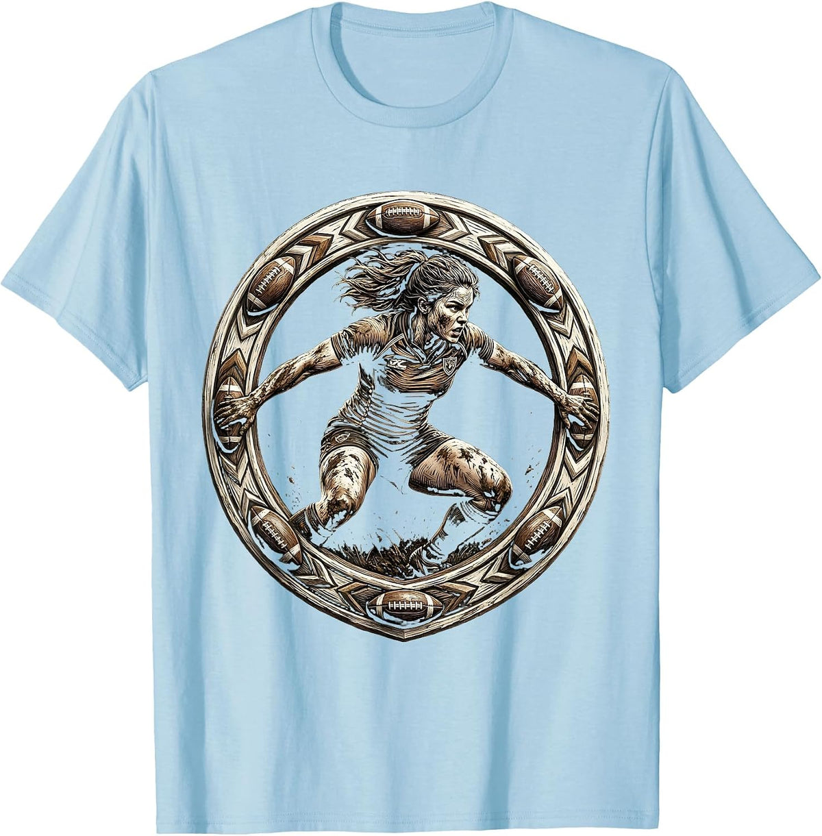 Men's Muddy Rugby Player Battle Stance Illustration T-Shirt - Baby Blue