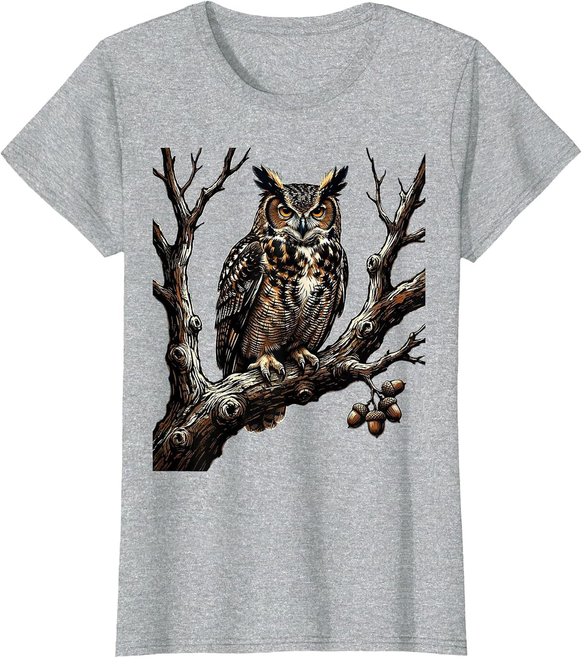 Women's Owl on Bare Oak Branch Fall Nature Illustration T-Shirt - Heather Grey