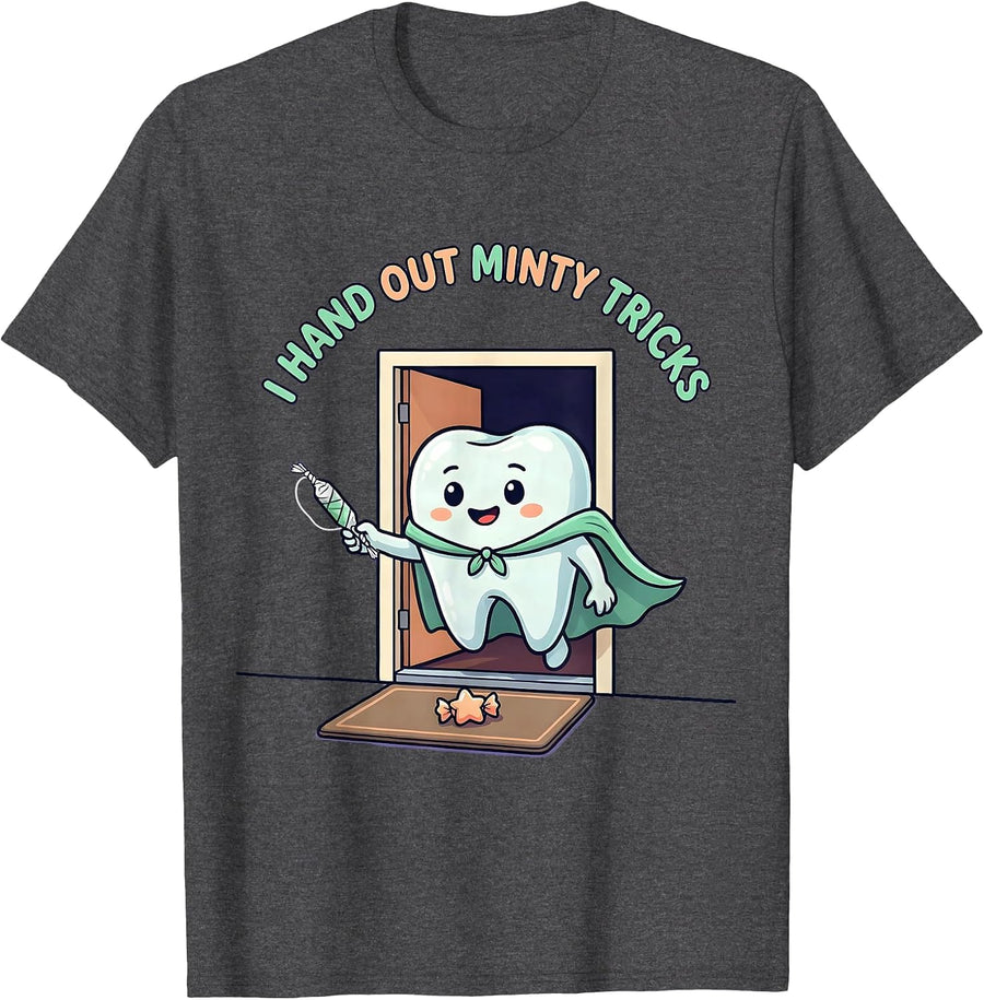 Men's I Hand Out Minty Tricks Cute Kawaii Halloween Dentist Dental T-Shirt - Dark Heather Grey