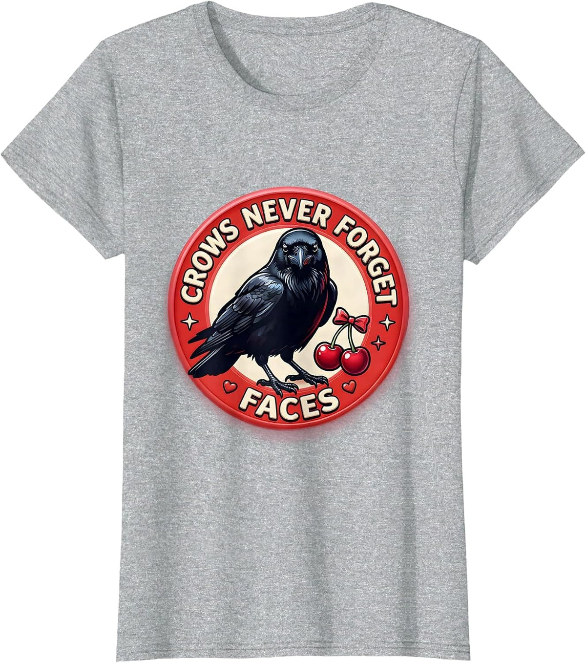 Women's Crows Never Forget Faces Crow Design T-Shirt - Heather Grey