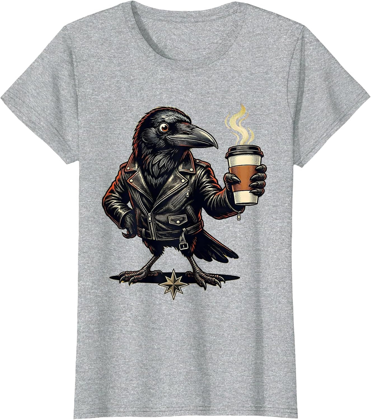 Women's Cool Crow in Leather Jacket Sipping Black Coffee T-Shirt - Heather Grey