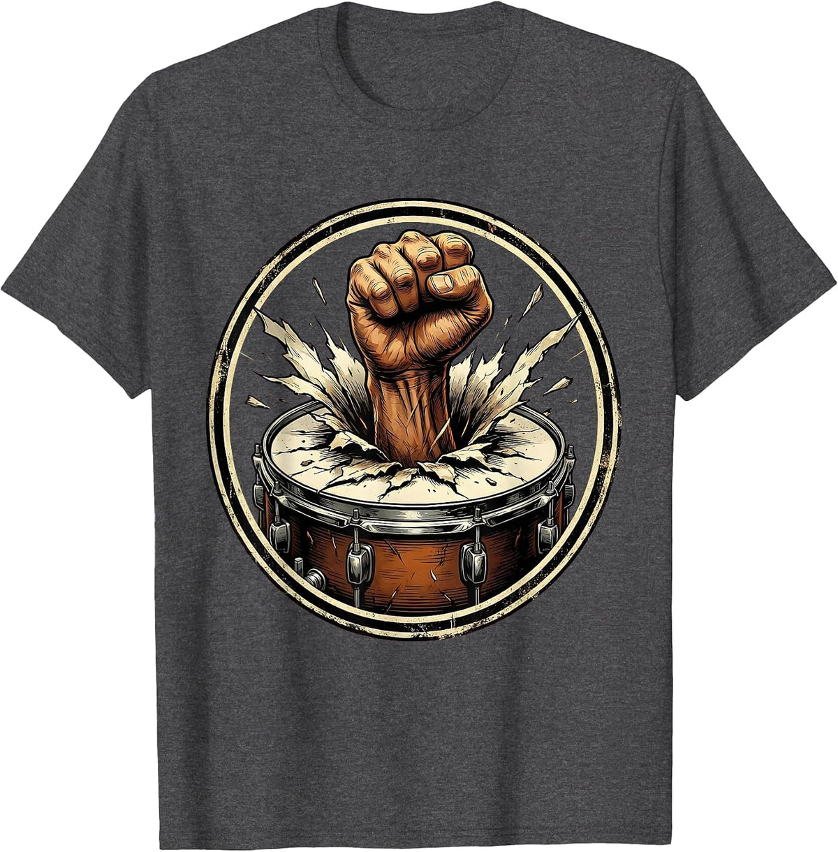 Fist Through Bass Drum Rock Band Graphic T-Shirt - Dark Heather Grey