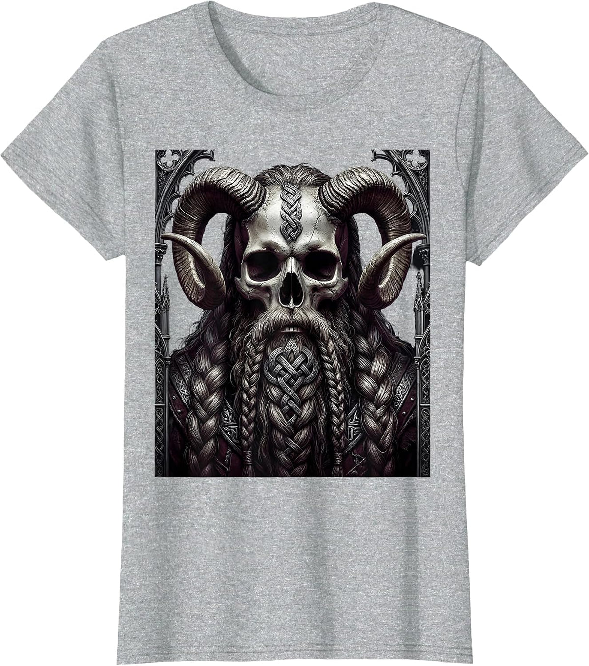 Viking Skull Bearded Horned Metal Graphic Design T-Shirt - Heather Grey