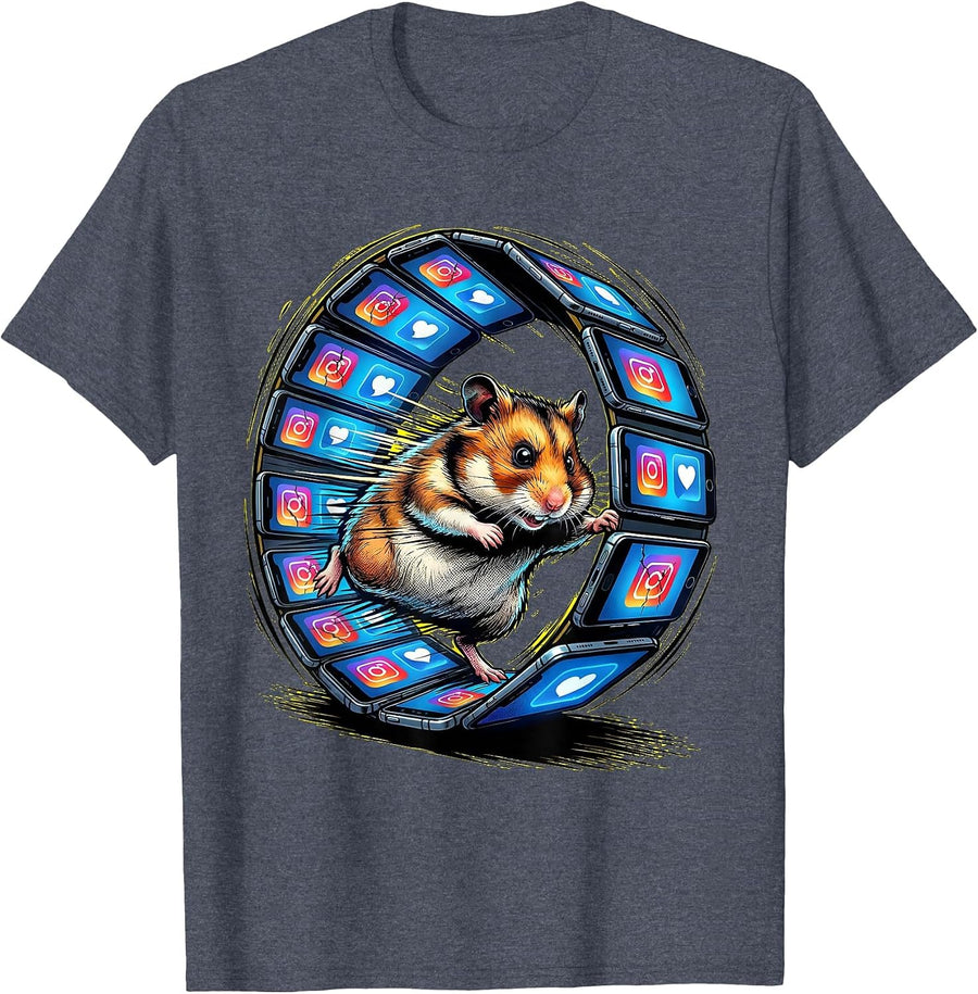 Hamster Phone Screen Running Wheel Brainrot Graphic T-Shirt - Heather Blue