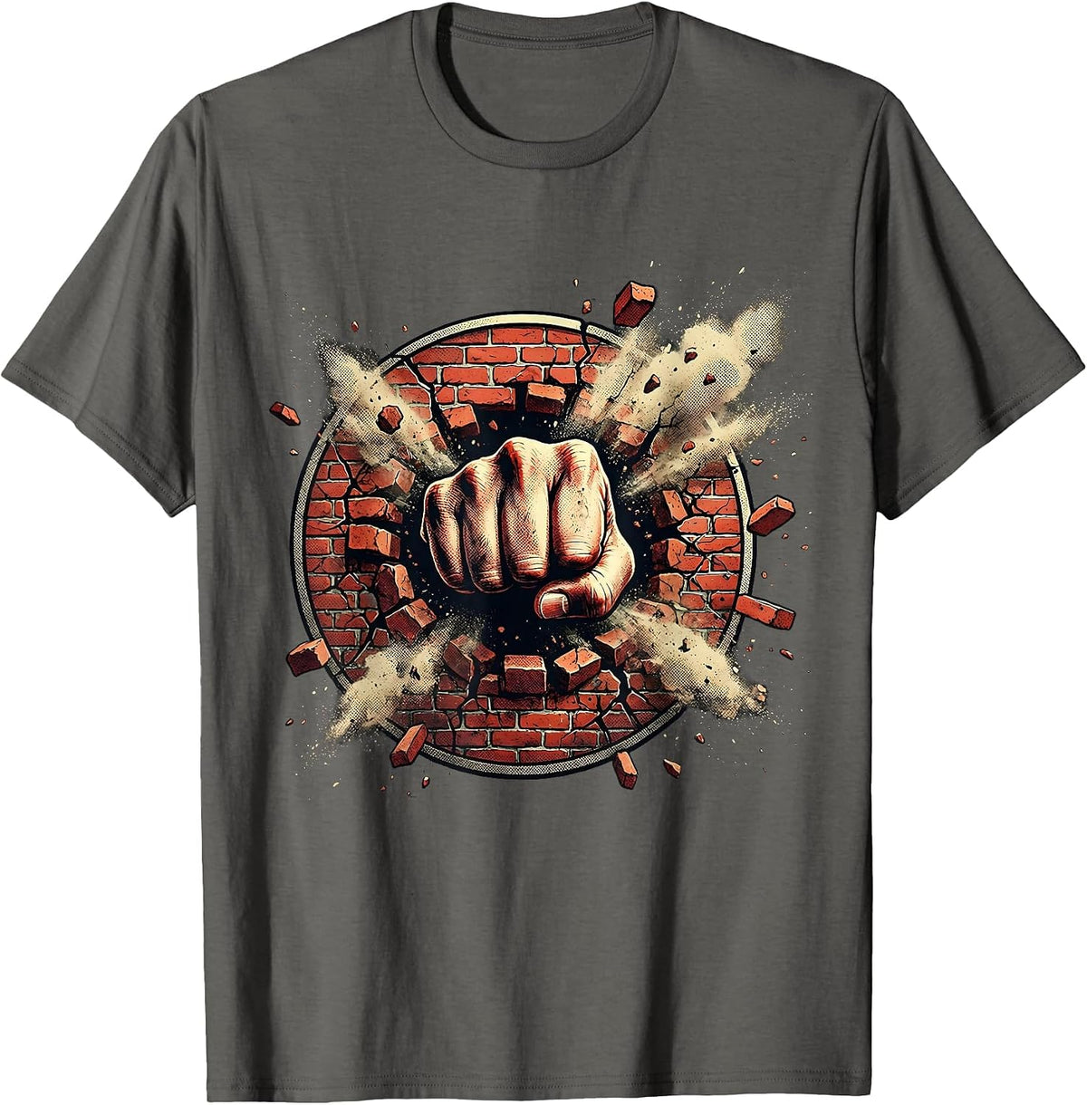 Grunge Fist Through Brick Wall Graphic Tee T-Shirt - Asphalt Grey