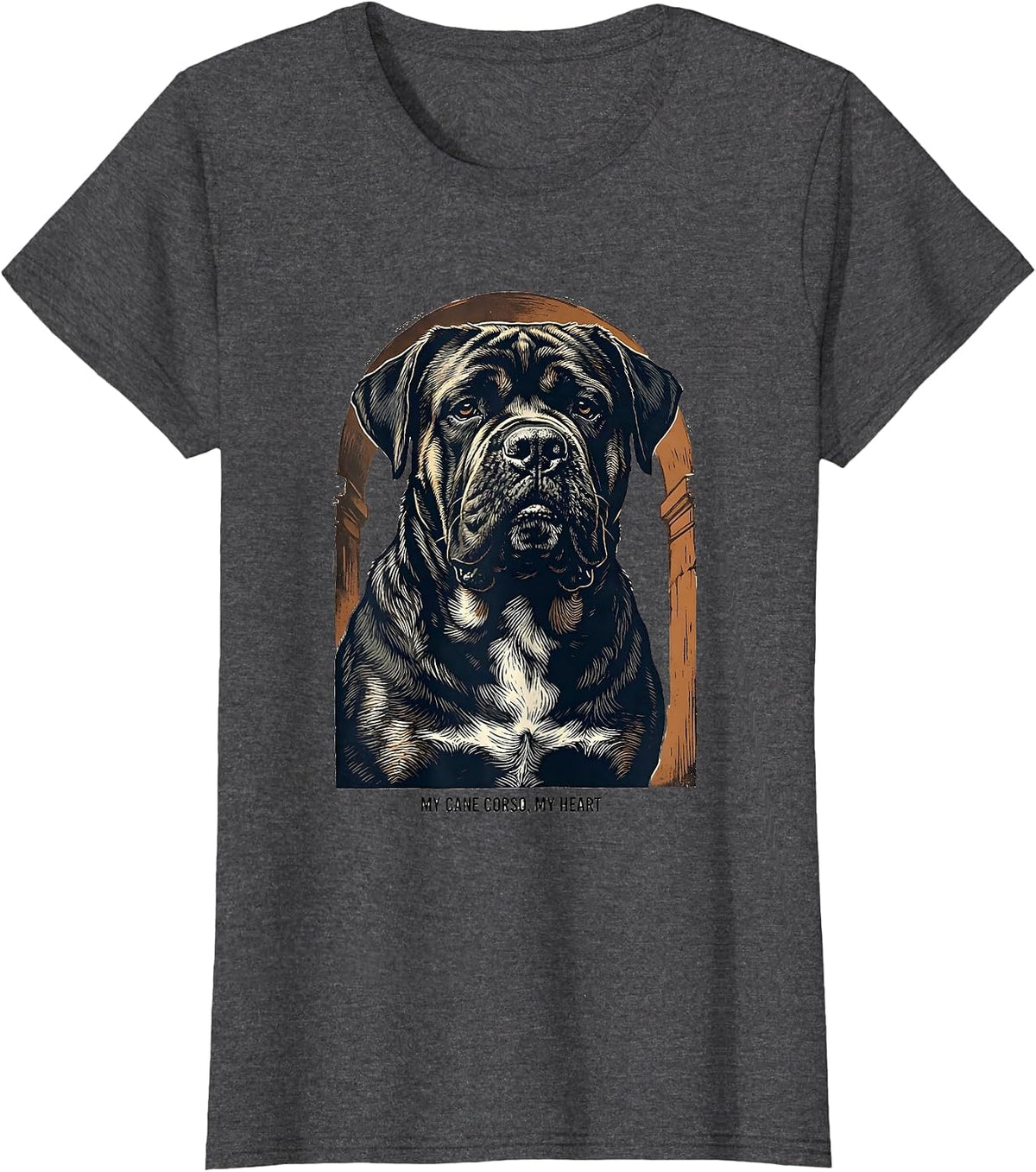 Women's My Cane Corso My Heart Linocut Dog Owner Pride T-Shirt - Dark Heather Grey