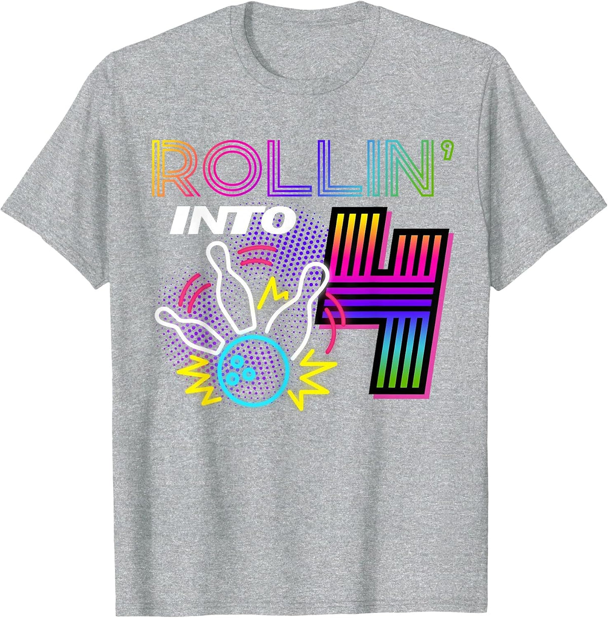 Rollin into 4 Year Old Birthday Bowling Party 4th Bday Retro T-Shirt - Heather Grey
