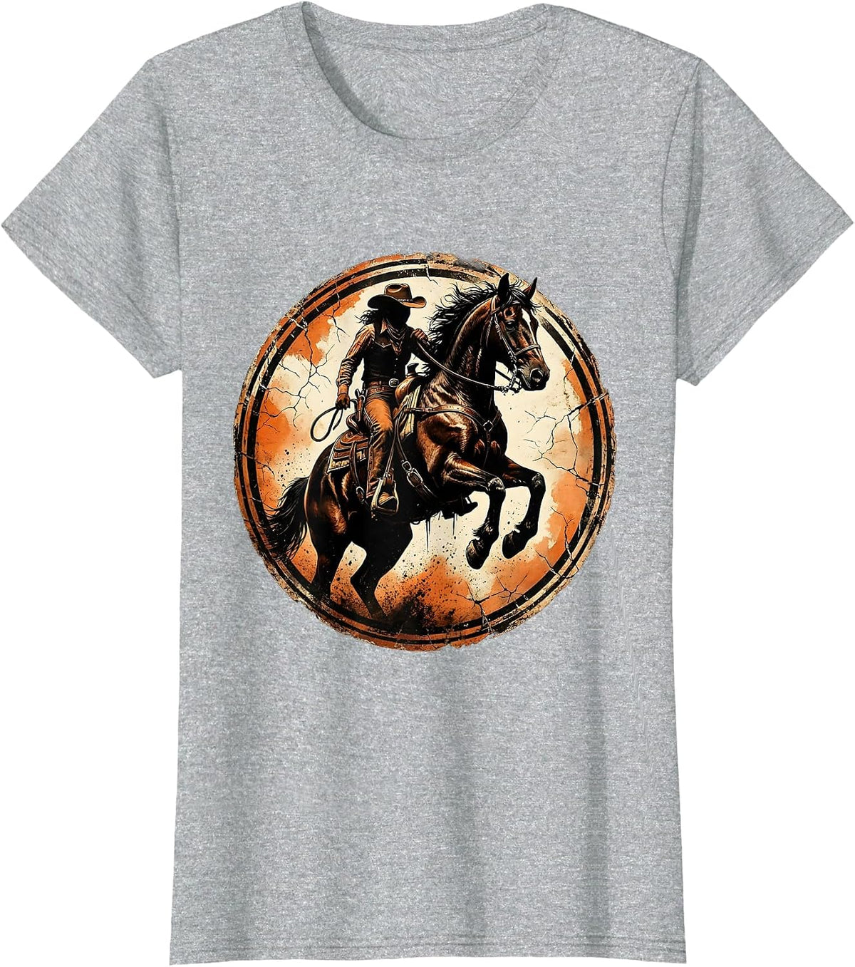 Cowgirl Taming Rearing Horse Arena Graphic T-Shirt - Heather Grey