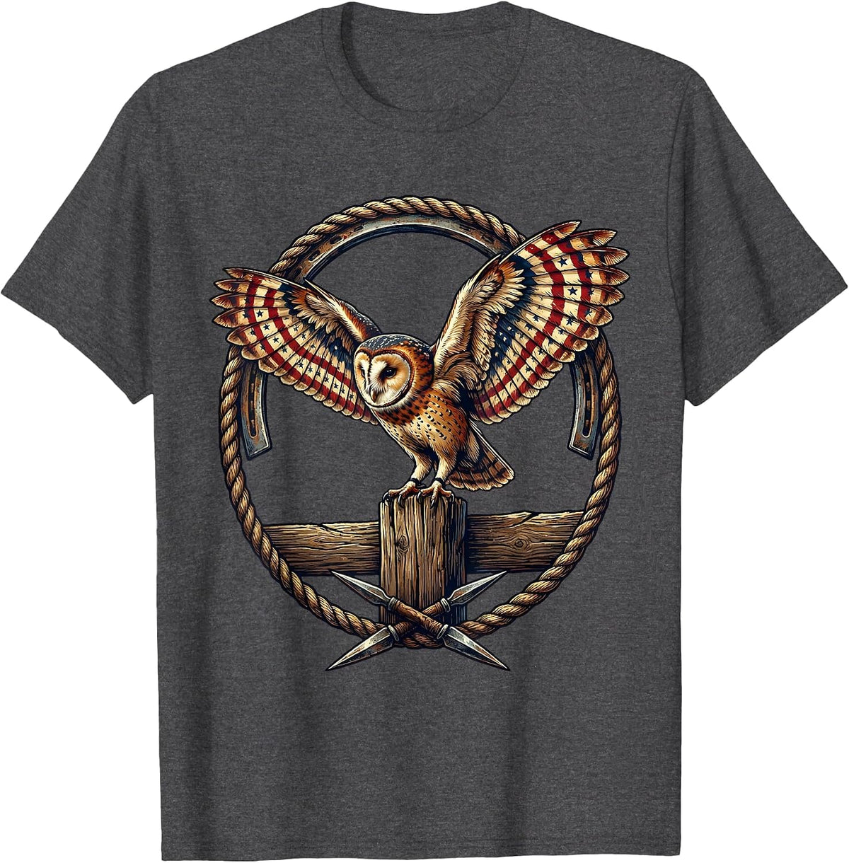 Men's Barn Owl on Fence Post Illustration T-Shirt - Dark Heather Grey
