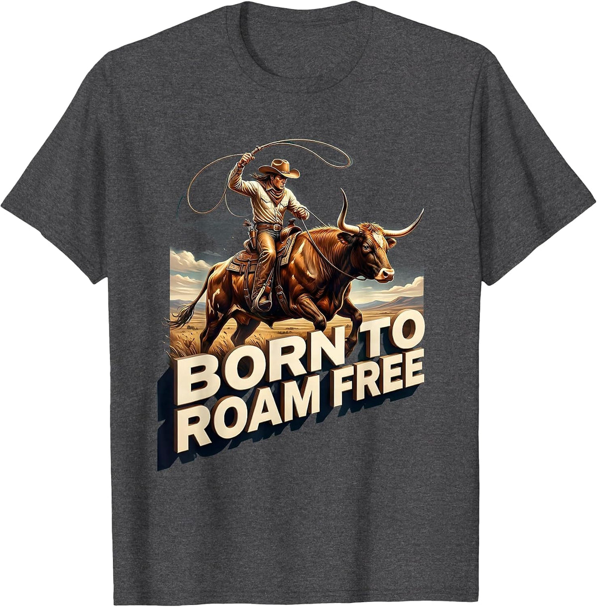 Men's Born to Roam Free Cow Lover Design T-Shirt - Dark Heather Grey