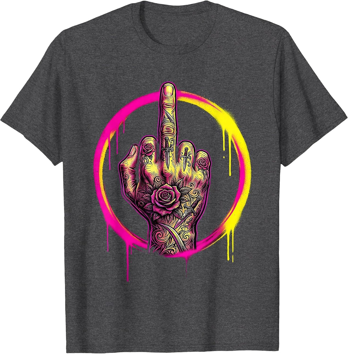 Men's Ornate Tattoo Middle Finger Graphic Design T-Shirt - Dark Heather Grey