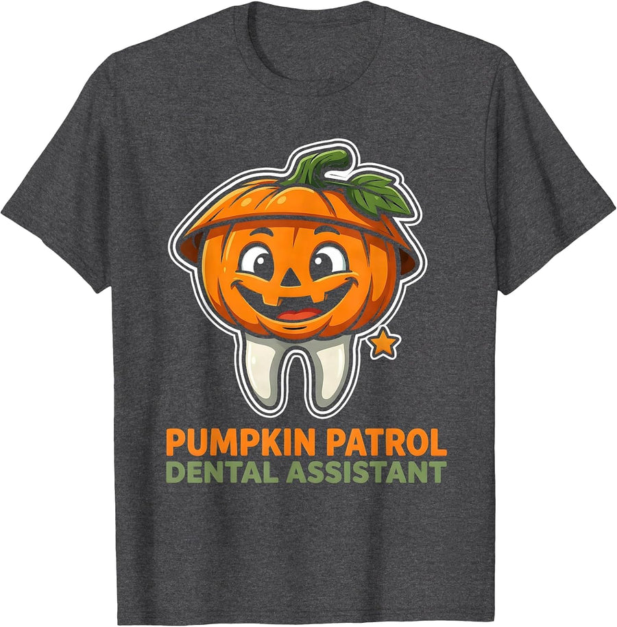 Men's Pumpkin Patrol Dental Assistant Cartoon Halloween Dental T-Shirt - Dark Heather Grey