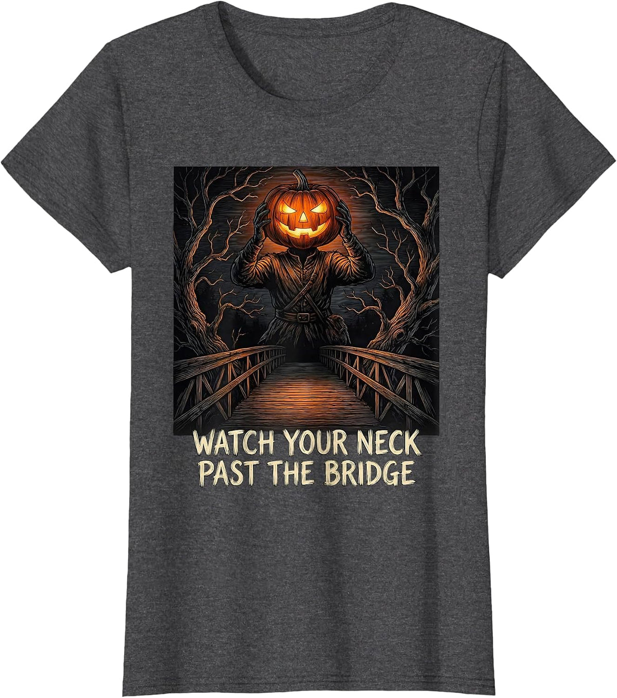Women's Watch Your Neck Past The Bridge Vintage Gothic Halloween T-Shirt - Dark Heather Grey