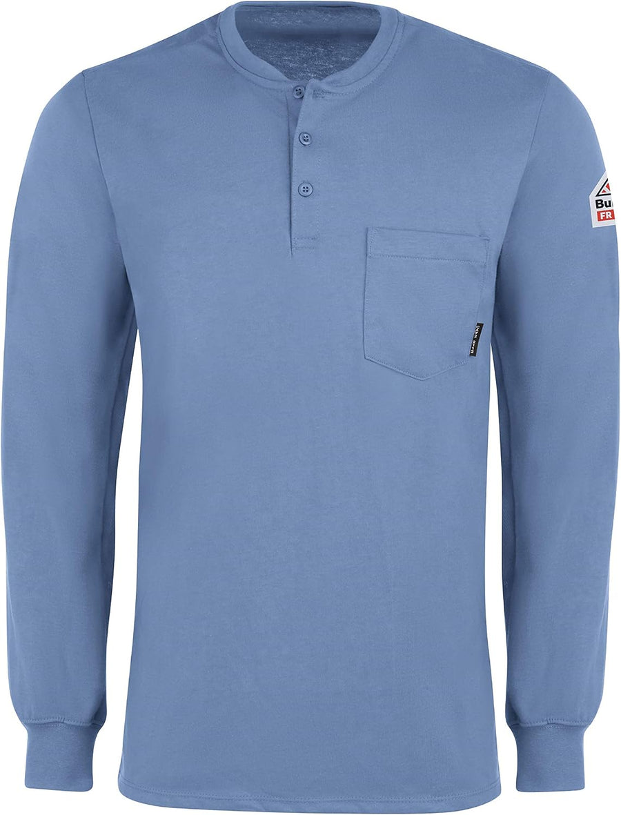 Bulwark FR Mens Flame Resistant 6.25 Oz Cotton Long Sleeve Tagless Henley Shirt - Light Blue