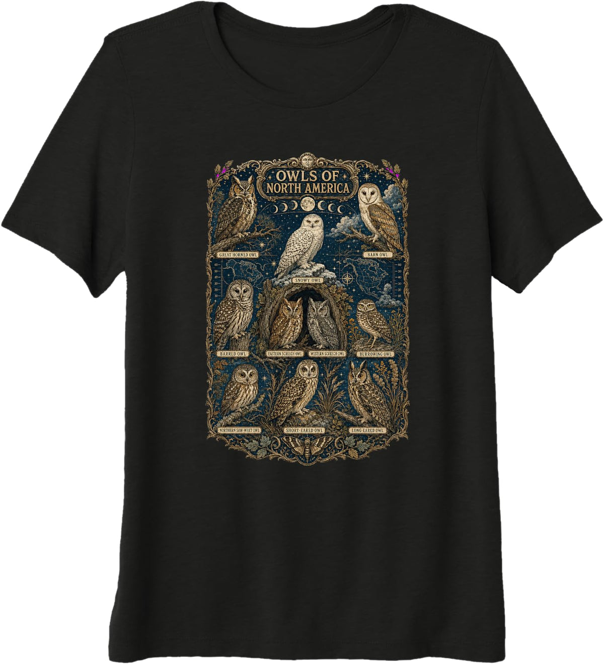 Owls North America Identification Birding Guide Premium Tri-Blend T-Shirt - Black