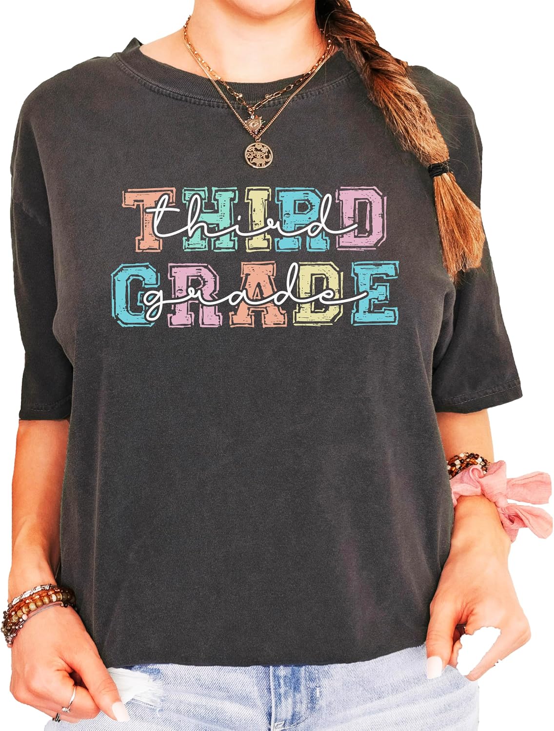 Third Grade Bold Pastel Letter T-Shirt for Teacher Elementary School Teachers Aide 3rd Grade Tee - Adult Pepper Shirt