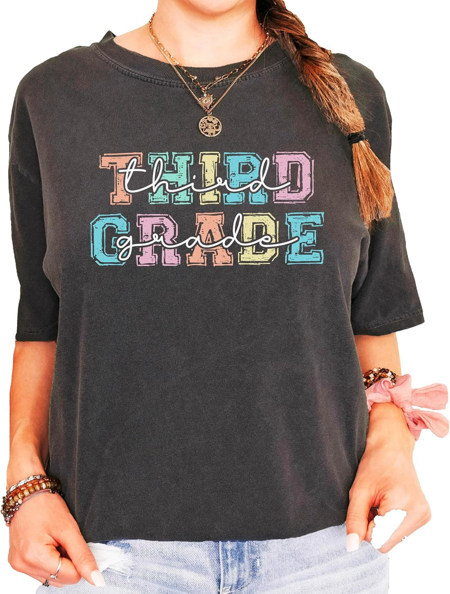 Third Grade Bold Pastel Letter T-Shirt for Teacher Elementary School Teachers Aide 3rd Grade Tee - Adult Pepper Shirt