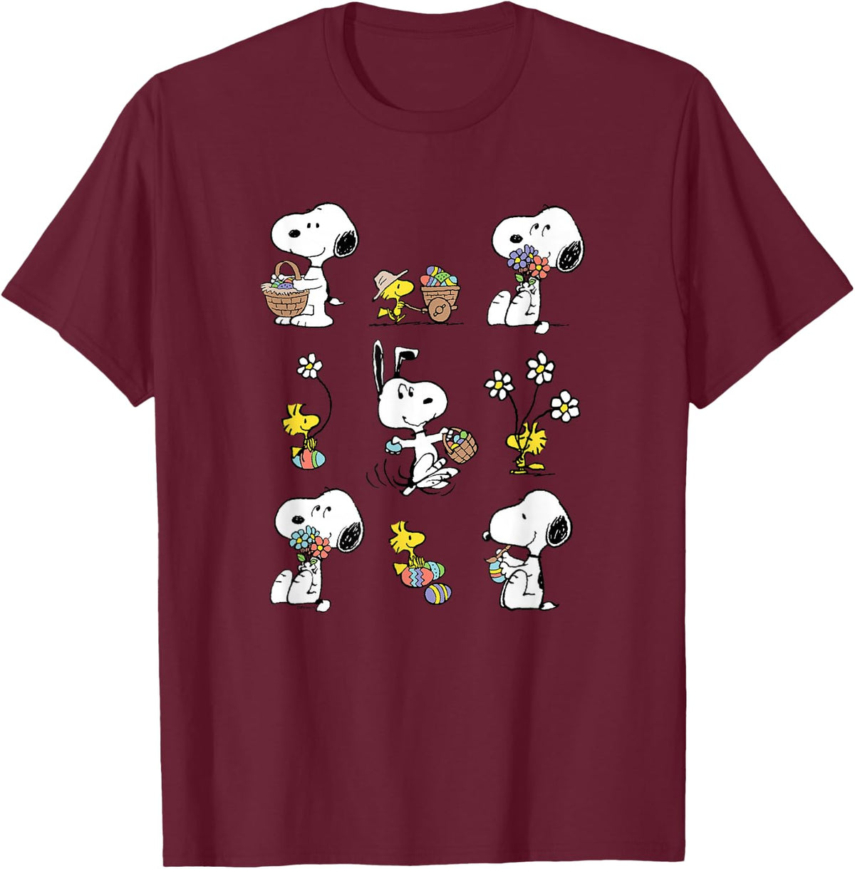 Peanuts - Snoopy Woodstock Easter Spring Pattern T-Shirt - Burgundy