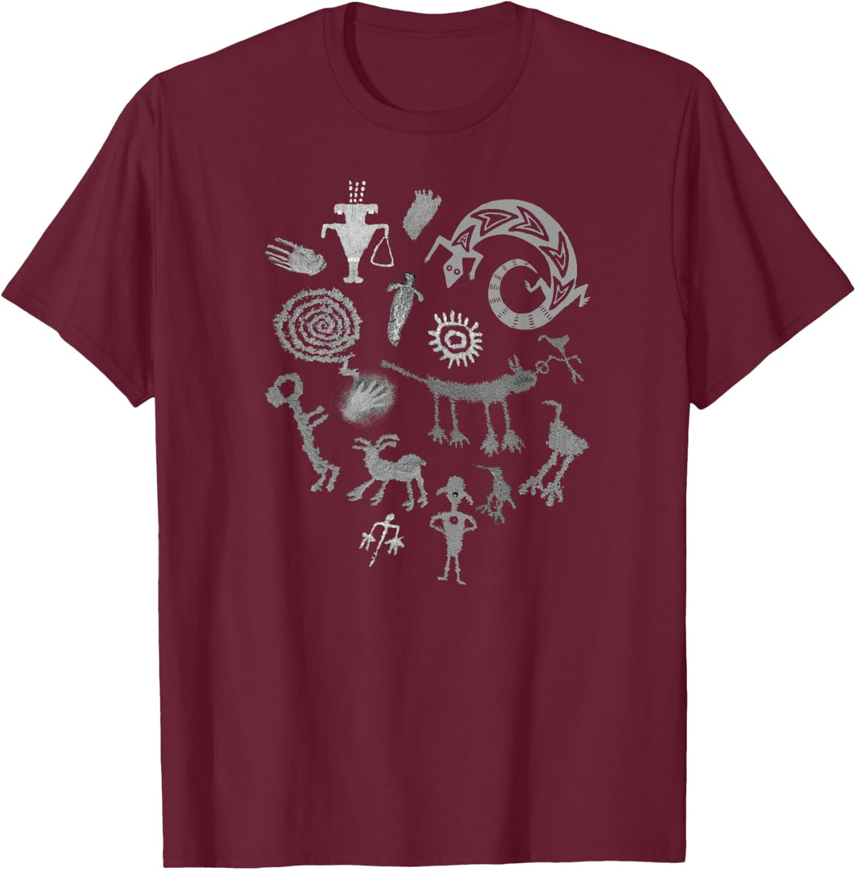 Multiple Petroglyphs in Gray! Ancient rock art carvings! T-Shirt - Burgundy