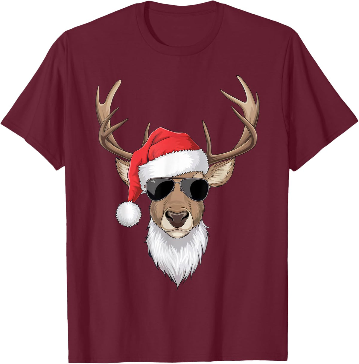 Cool Reindeer Santa Hat Sunglasses Holiday Festive Christmas T-Shirt - Burgundy