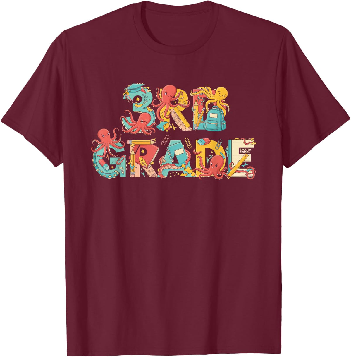 Funny Octopus Third Grade Back to School Kids Boys Girls T-Shirt - Burgundy