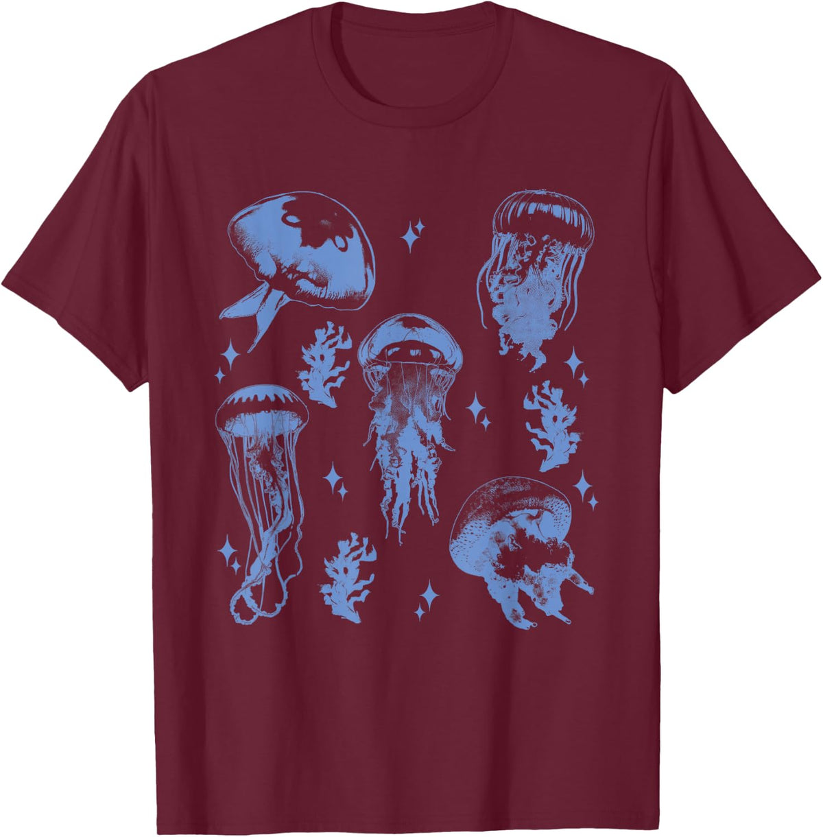 Vintage Jellyfish Tattoo Style Ocean Marine Life T-Shirt - Burgundy