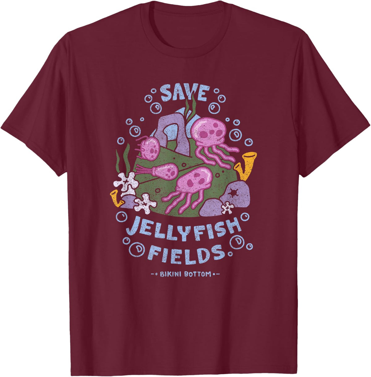 Spongebob Squarepants Save Jellyfish Fields Bikini Bottom T-Shirt - Burgundy