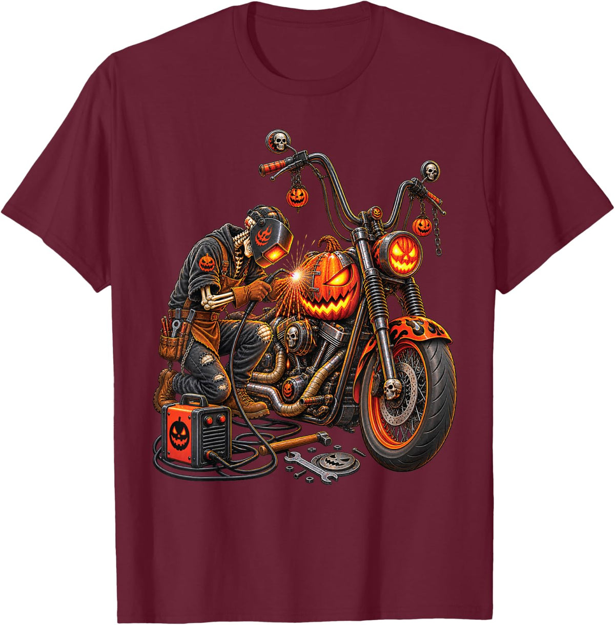 Skeleton Welding Halloween Welder Motorcycle Pumpkin Carving T-Shirt - Burgundy
